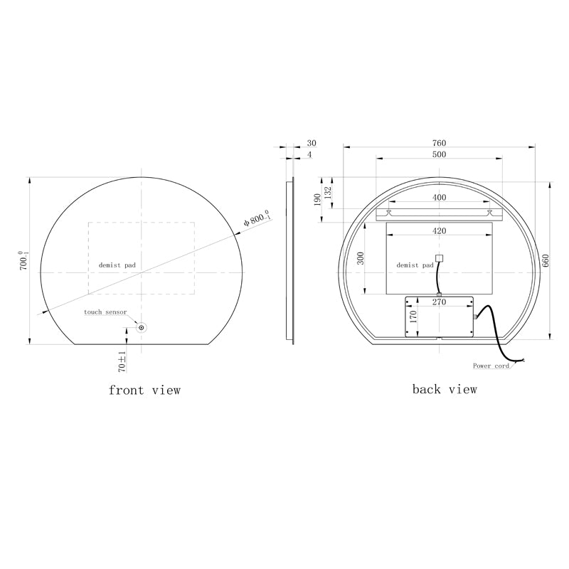TB Olive Semi Circle LED Touch Mirror with Demist Slim 30mm Profile
