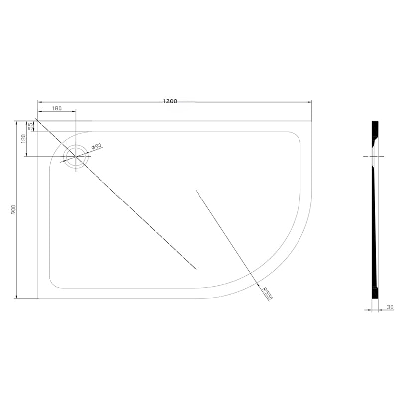TB Right Offset Quad 30mm Low Profile Shower Tray Reinforced Resin Construction
