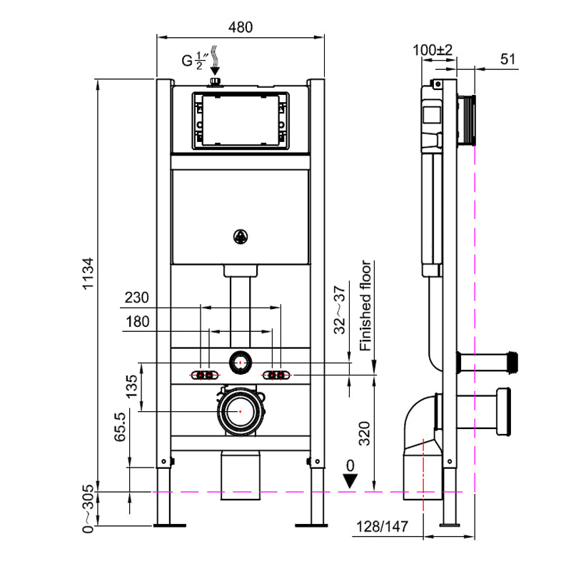 TB Toilet Frame & Pneumatic Cistern for Wall Hung Toilet Supports up to 400kg