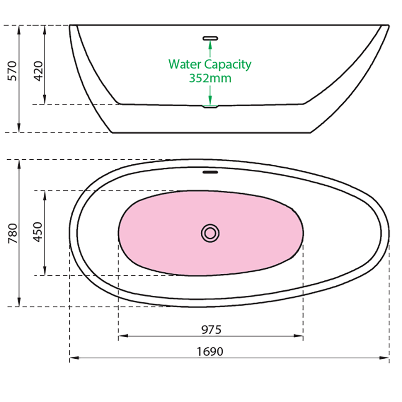 Charlotte Ruby Contemporary Freestanding Bath Double Ended In Gloss White Technical Drawing