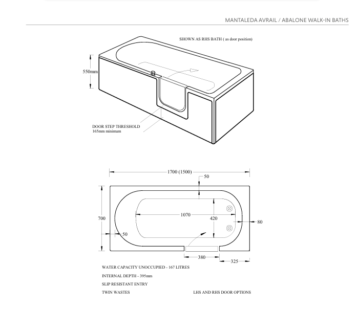 Mantaleda Abalone Walk‑In Bath – Two Door Layouts Technical Drawing