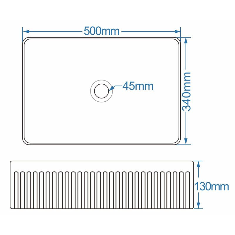 Tailored Bathrooms Flauto Fluted Rectangle Countertop Basin Technical Drawing