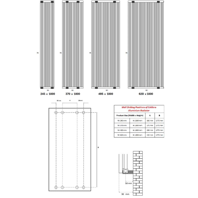 Reina Caldaro 1800mm Vertical Aluminium Radiator Brass Finish Technical Drawing