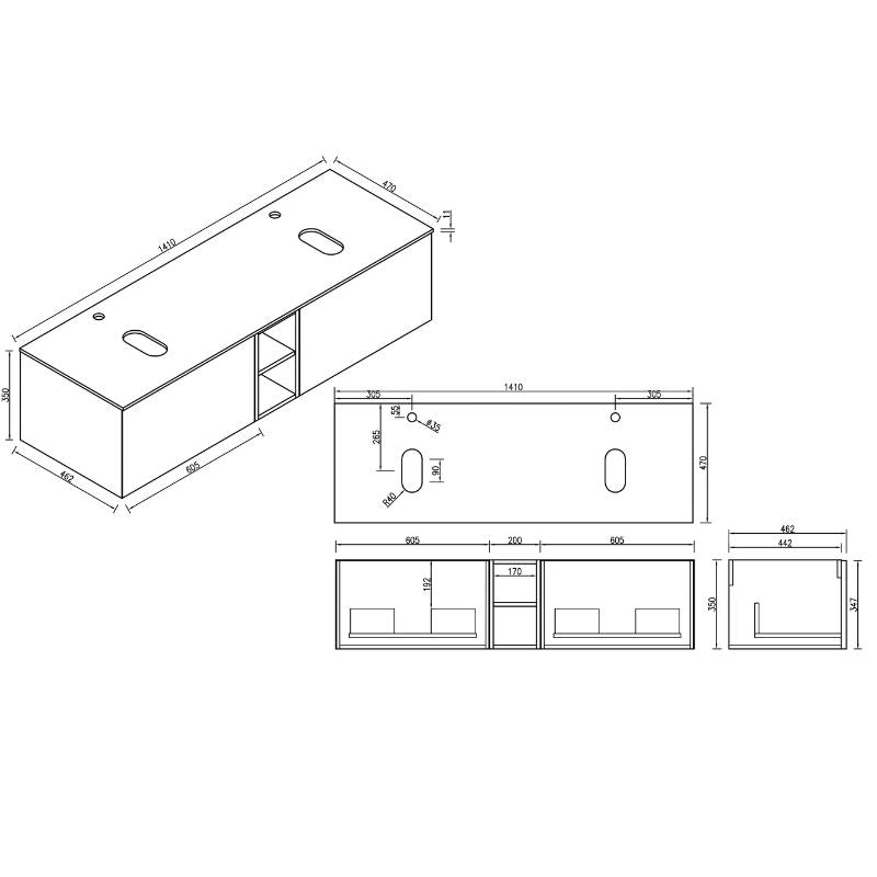 Tailored Flauto Wall Hung Double Vanity Unit With Storage & Stone Top - 1400 mm