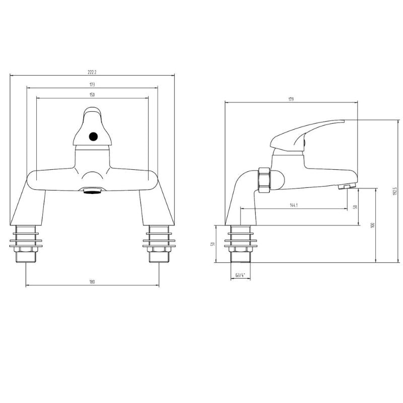 Tailored Bathrooms Plumb Essential Bath Filler Tap In Chrome, 0.5 Bar Technical Drawing