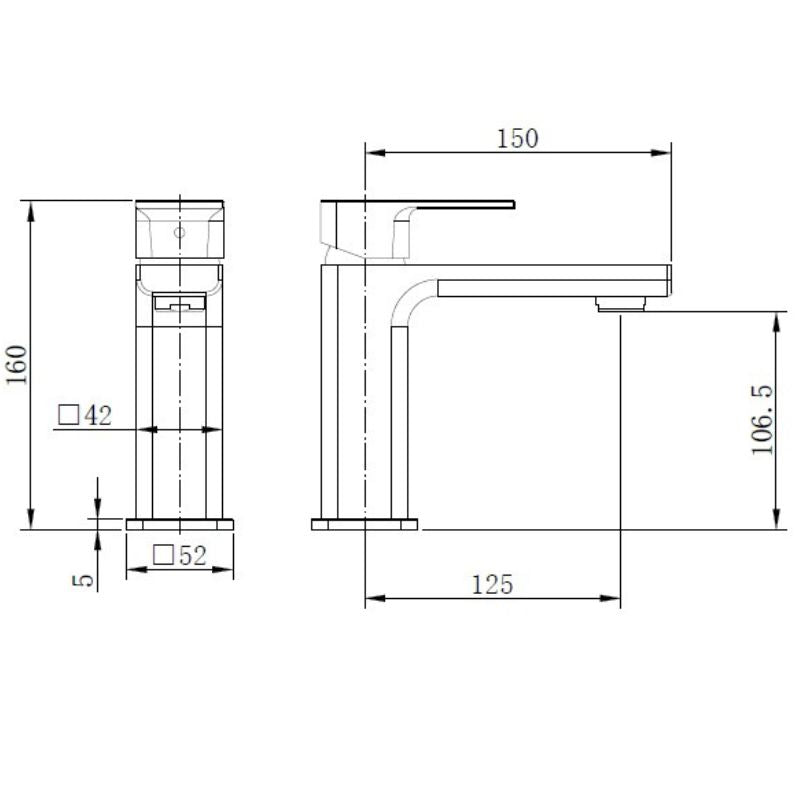 TB Quadrado Basin Mixer Tap ECO Cold Start Waste Included | 4 Colours Technical Drawing