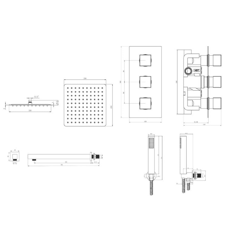 TB Square Concealed Thermostatic 3 Handle 2 Way Shower Kit (Wall) - (0012)