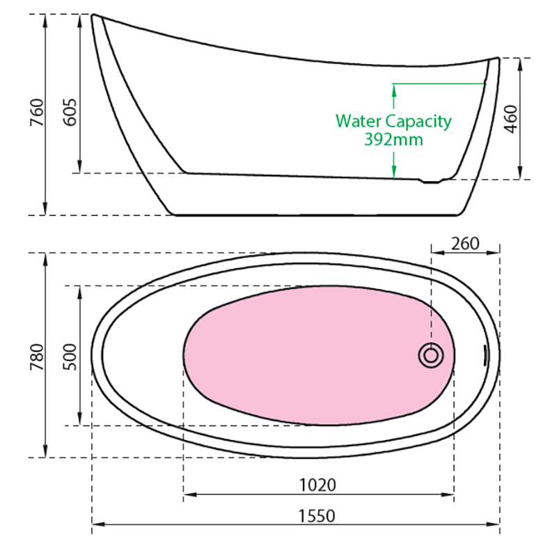 Charlotte Edwards Proteus Contemporary Slipper Bath In Gloss White Technical Drawing