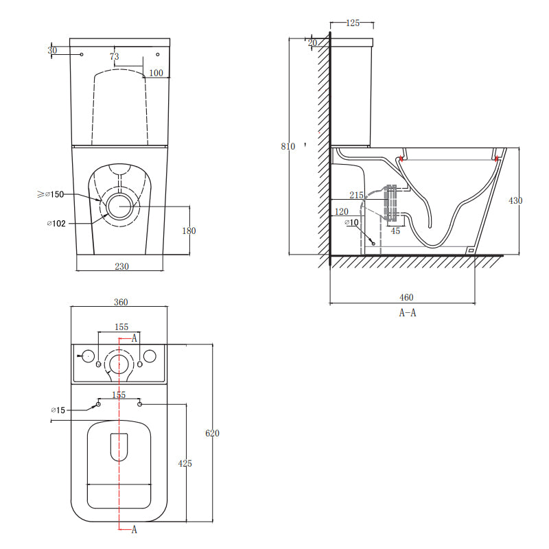 TB Milan Rimless Close Coupled Square Toilet with Quiet Closing Action