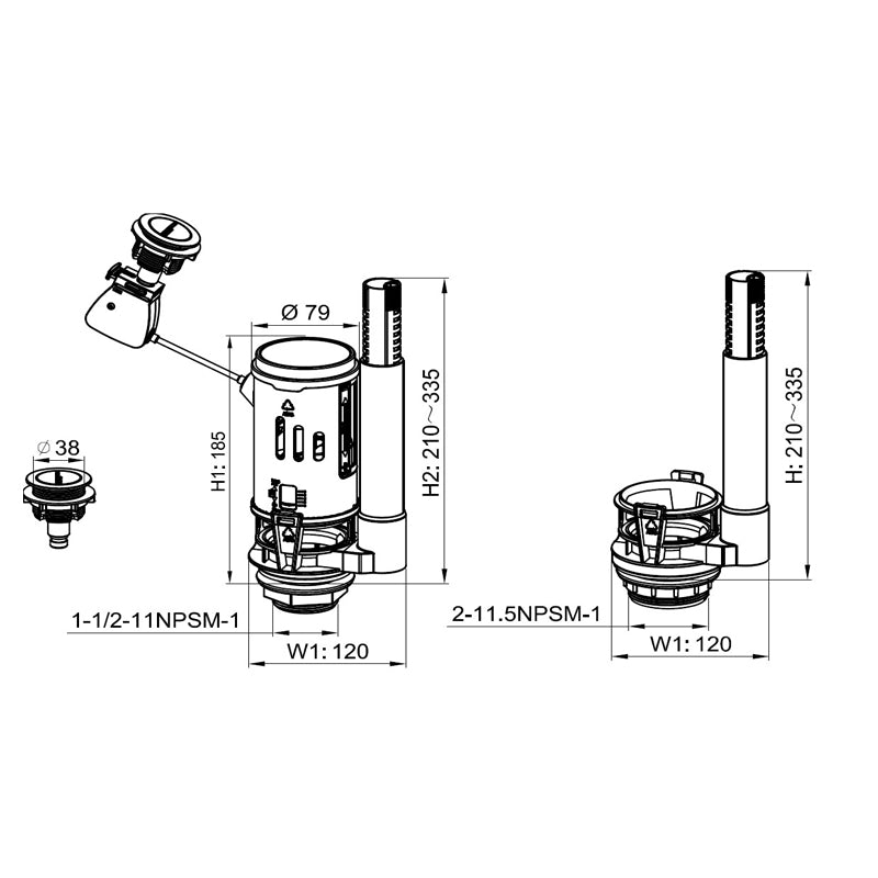 TB WC Dual Flush Valve with 2" & 1½" Outlets Water Saving Design