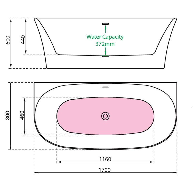 Charlotte Edwards Carme Contemporary Back-to-Wall Double Ended Bath In Gloss White Technical Drawing