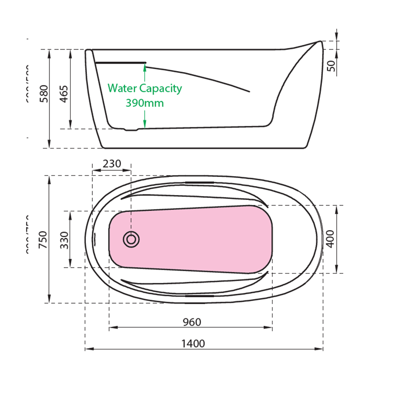 Charlotte Edwards Ceres Contemporary Slipper Bath Double Ended Technical Drawings