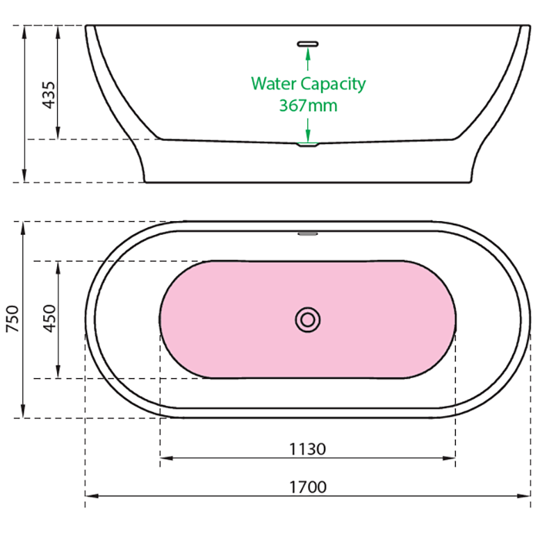 Charlotte Edwards Elara Gloss White 1700mmx750mm Bath Technical Drawing
