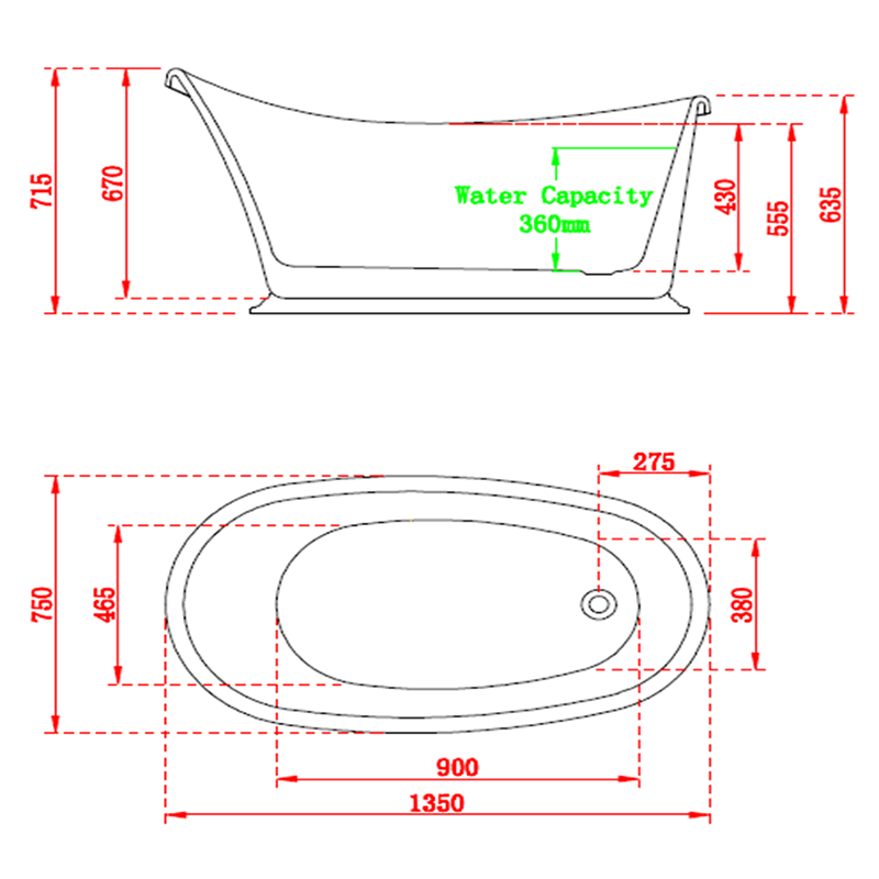 Charlotte Edwards Ersa Traditional Roll Top Slipper Bath Single Ended Technical Drawings 