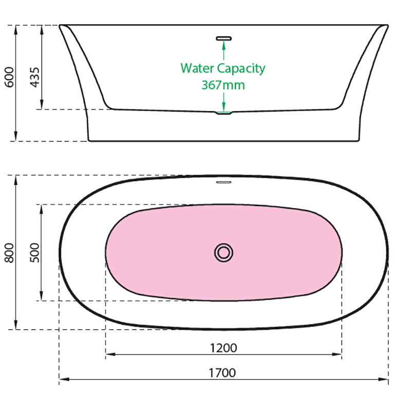 Charlotte Edwards Luna Contemporary Double Ended Acrylic Freestanding Bath  Technical Drawing