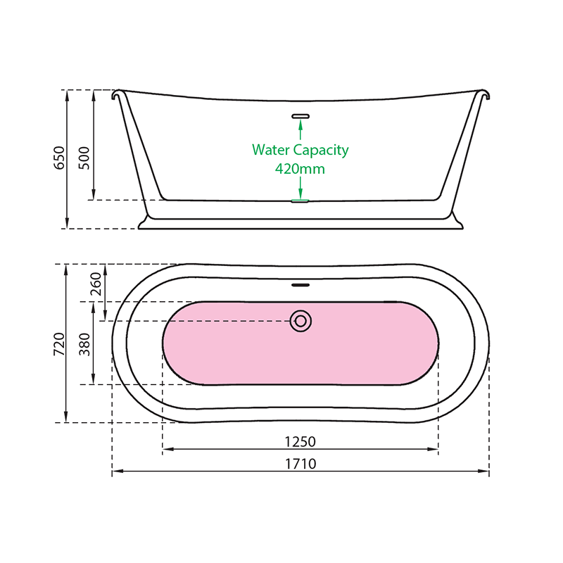 Charlotte Edwards Rosemary Traditional Roll Top Slipper Bath Technical Drawing