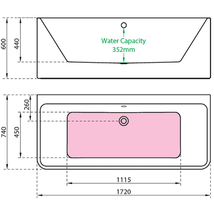 Charlotte Edwards Stratford Contemporary Back-to-Wall Double Ended Bath Technical Drawing 