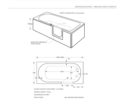 Mantaleda Abalone Walk‑In Bath – Two Door Layouts Technical Drawing 