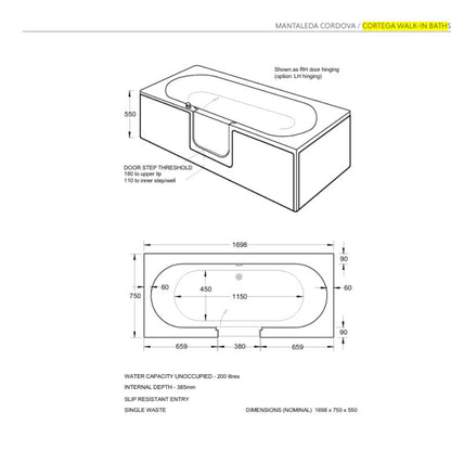 Mantaleda Cortega Low Threshold Walk-In Bath – Single Colour, Single Size