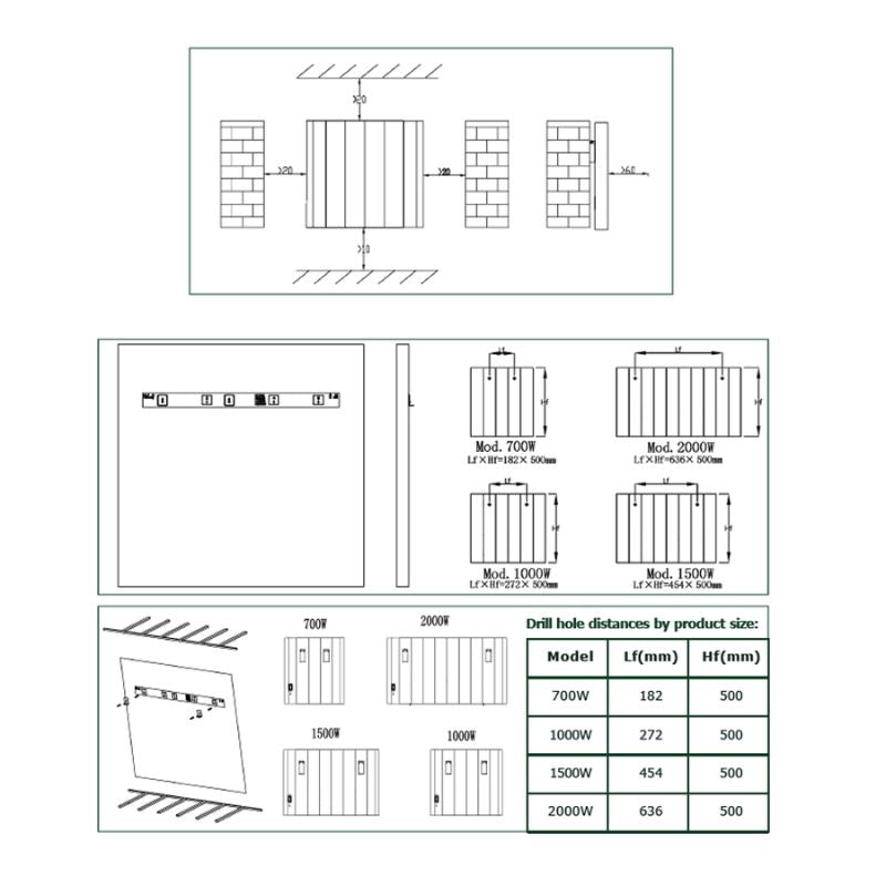 Reina Maia Aluminium Horizontal Electric Radiator Technical Drawings
