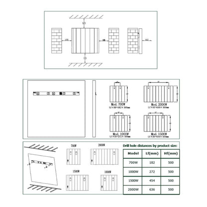 Reina Maia Aluminium Horizontal Electric Radiator Technical Drawings