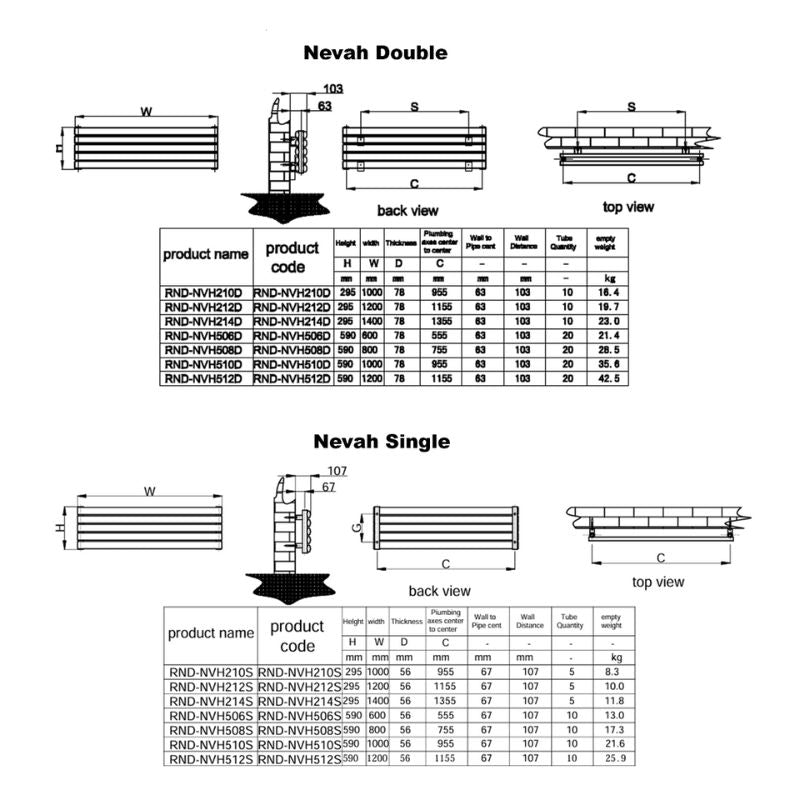 Reina Nevah Dual Fuel Mild Steel Radiator Technical Drawing