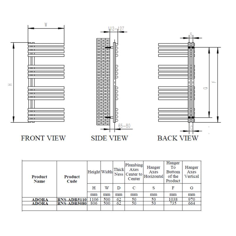 Reina Adora Stainless Steel Towel Rail Technical Drawings