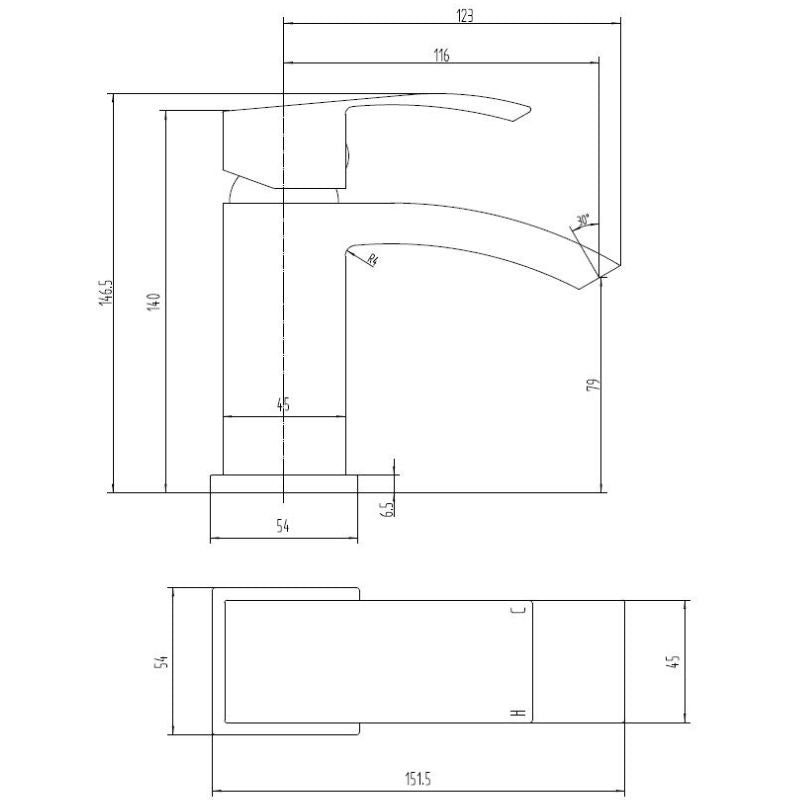 Tailored Bathrooms Brecon Black Mono Mixer Tap & Waste 146mm x 45mm Technical Drawings