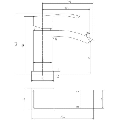 Tailored Bathrooms Brecon Black Mono Mixer Tap & Waste 146mm x 45mm Technical Drawings