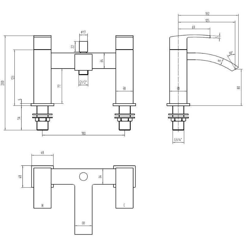 Tailored Bathrooms Brecon Black Bath Shower Mixer Tap Technical Drawing