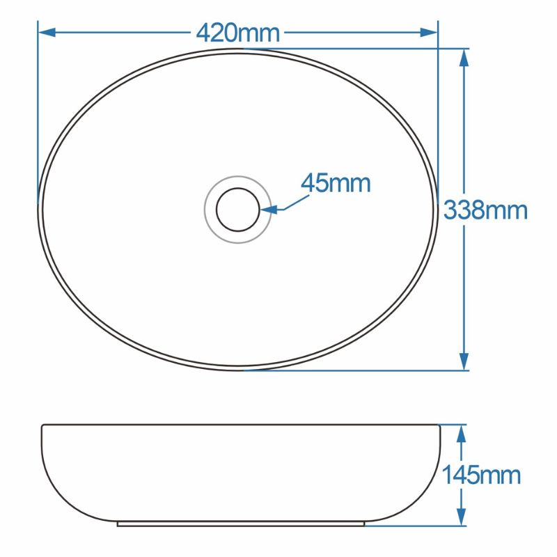 Tailored Bathrooms Pisa Counter Top Ceramic White Basin Technical Drawing