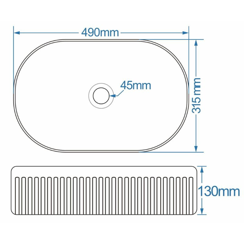 Tailored Flauto Fluted Oval Countertop Basin Gloss White Technical Drawing