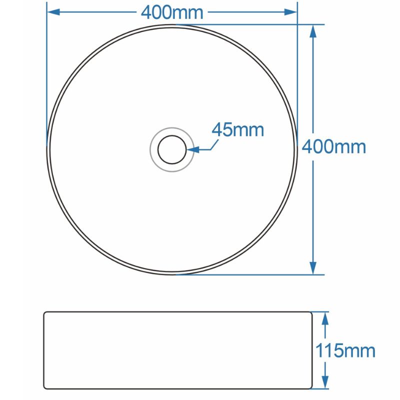 Tailored Bathrooms Black & White Round Countertop Basin Technical Drawings
