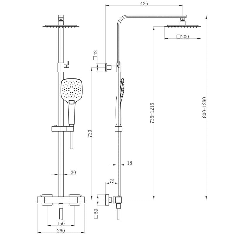 Tailored Bathrooms Menia Premium Square Thermostatic Overhead Showring Kit Technical Drawings