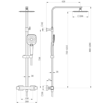 Tailored Bathrooms Menia Premium Square Thermostatic Overhead Showring Kit Technical Drawings