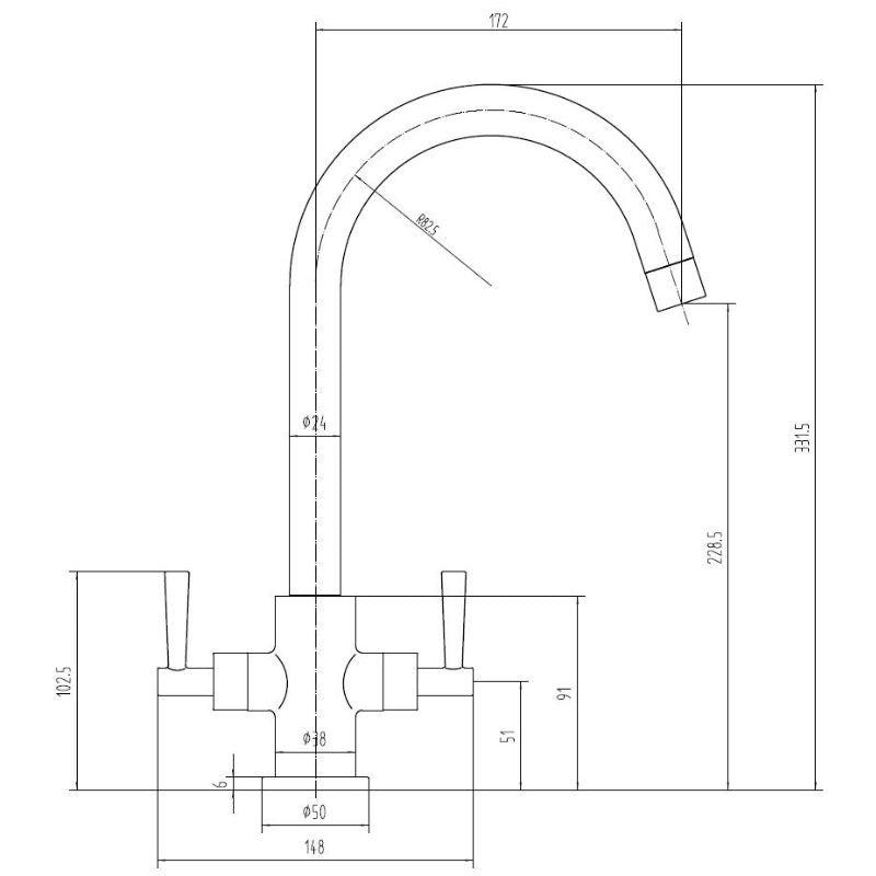 Tailored Bathrooms Monmouth Dual Lever Kitchen Mixer Tap In Chrome Technical Drawings
