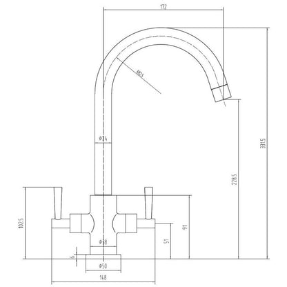 Tailored Bathrooms Monmouth Dual Lever Kitchen Mixer Tap In Chrome Technical Drawings