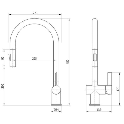 Tailored Bathrooms Mayhill Single Lever Pull-Out Kitchen Mixer Tap Spring Hose Technical Drawings
