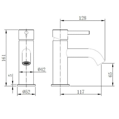 Tailored Bathrooms Redondo Round Eco Cold Start Basin Mixer Tap Technical Drawing