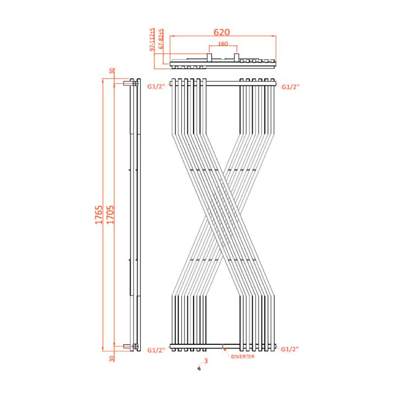 Reina Coredo X-Shaped Vertical Designer Radiator Mild Steel Thecnical Drawing 