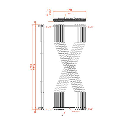 Reina Coredo X-Shaped Vertical Designer Radiator Mild Steel Thecnical Drawing 