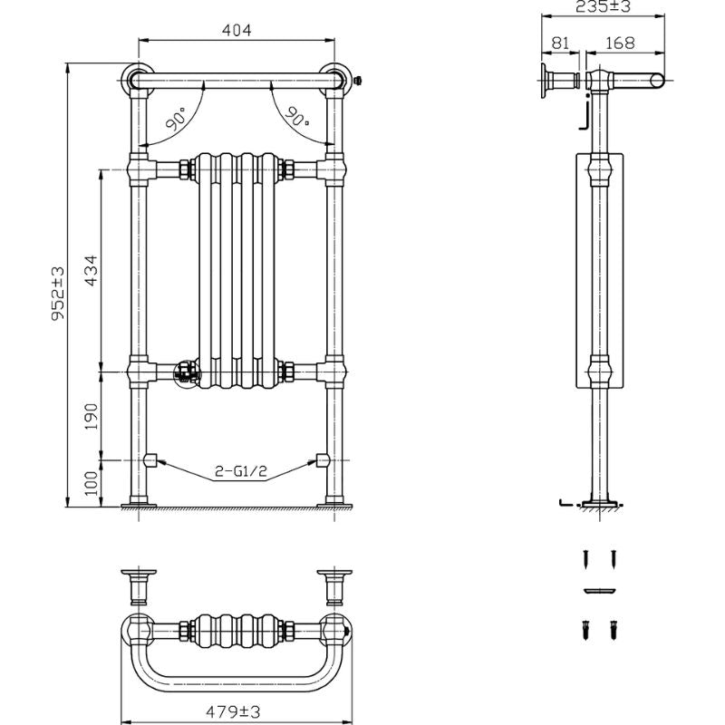 Reina Alicia Traditional Mild Steel Central Heating Towel Radiator Technical Drawing