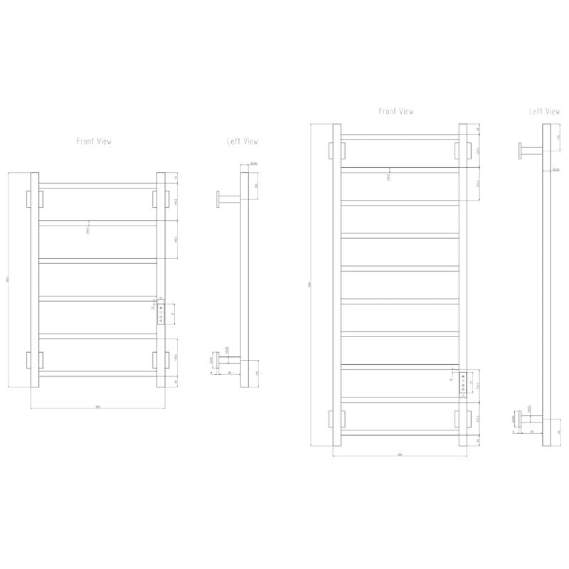 Reina Velino Electric Stainless Steel Towel Radiator Technical Drawing