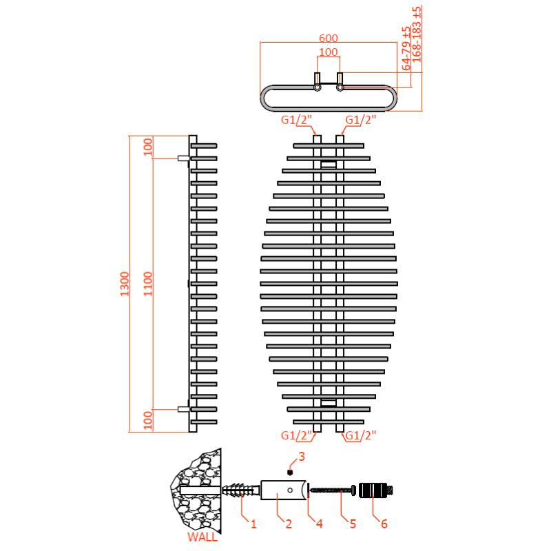 Reina Teano Modern Mild Steel Dual Fuel Towel Radiator Technical Drawing