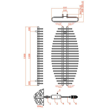 Reina Teano Modern Mild Steel Dual Fuel Towel Radiator Technical Drawing