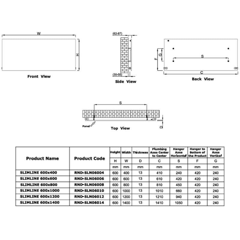 Reina Slimline Horizontal Mild Steel Central Heating Radiator Technical Drawing 