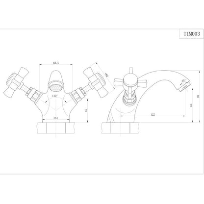 Tailored Tenby Cross Traditional Basin Mixer Tap with Click Clack Waste In Chrome Technical Drawing