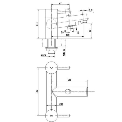 Tailored Harlech Bath Shower Mixer Tap with Handset & Hose In Chrome Technical Drawing