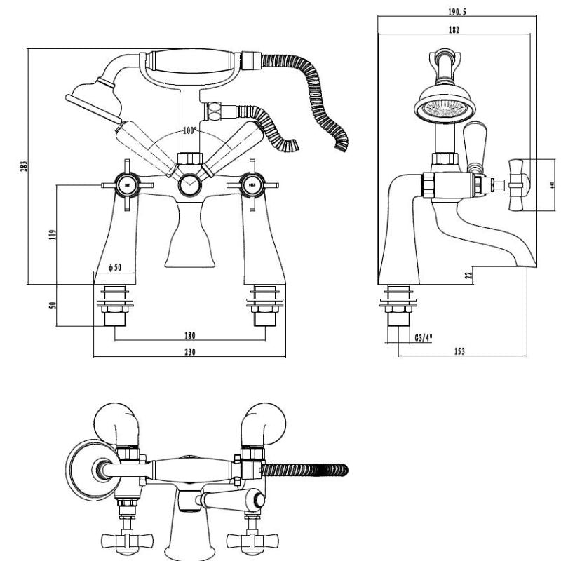 Tailored Tenby Bath Shower Mixer Tap With Handset & Hose In Chrome Technical Drawing