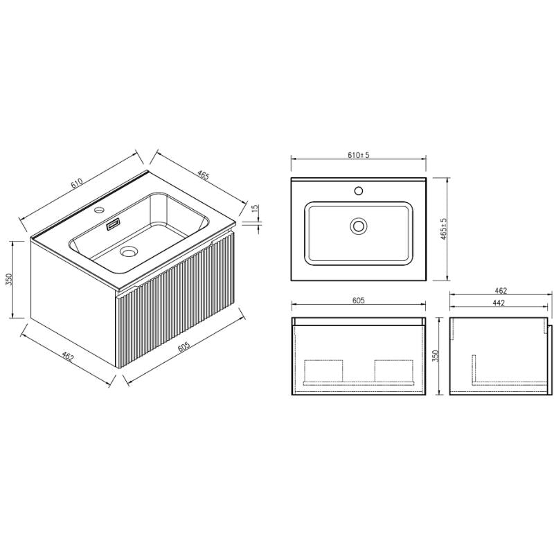 Tailored Flauto Smoked Sage Wall Hung Vanity Unit with Matte Basin Technical Drawing